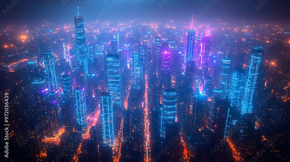 A bird’s-eye view of a city at night, pulsing with blue and purple neon lines representing the flow of data and communication. The vibrant network connects skyscrapers and streets, A bird’s-eye view of a city at night, pulsing with blue and purple neon lines representing the flow of data and communication. The vibrant network connects skyscrapers and streets,