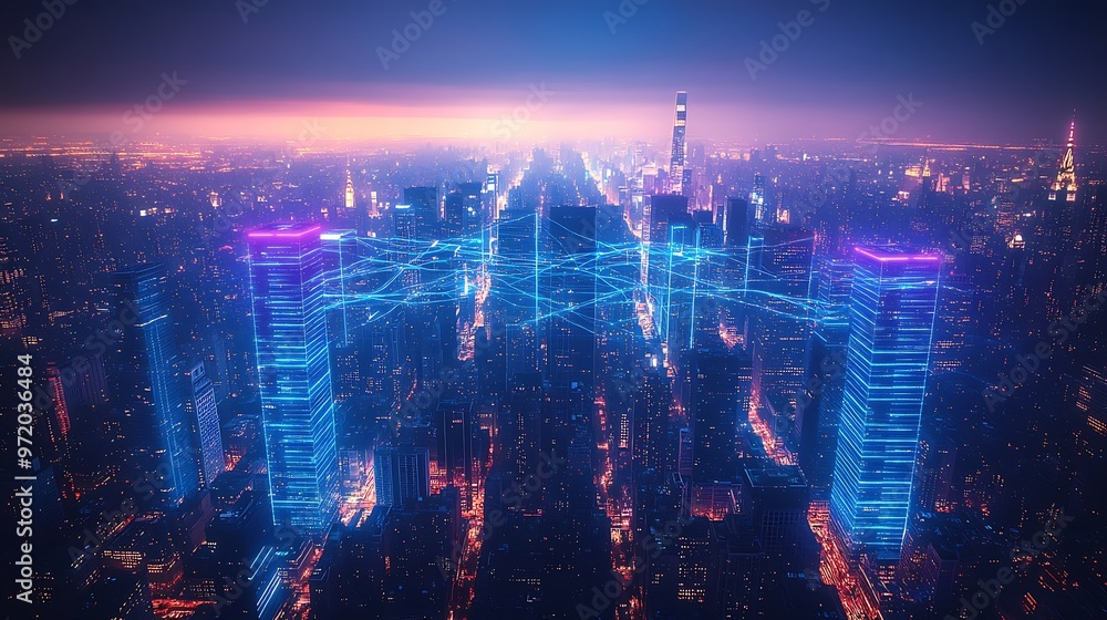 Fototapeta premium A bird’s-eye view of a city at night, pulsing with blue and purple neon lines representing the flow of data and communication. The vibrant network connects skyscrapers and streets,