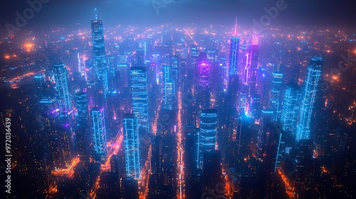 Wallpaper Mural A bird’s-eye view of a city at night, pulsing with blue and purple neon lines representing the flow of data and communication. The vibrant network connects skyscrapers and streets, Torontodigital.ca