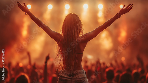 Silhouette of a slender girl enjoying a concert, captured from behind. The image conveys freedom, joy, and the liberating experience of live music and celebration photo