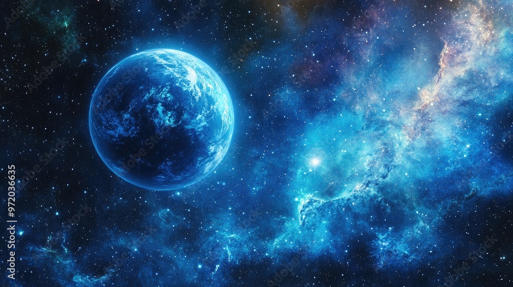 A vibrant blue planet with swirling clouds hangs in a vast, starry expanse, with a nebula in the background. A vibrant blue planet with swirling clouds hangs in a vast, starry expanse, with a nebula in the background.