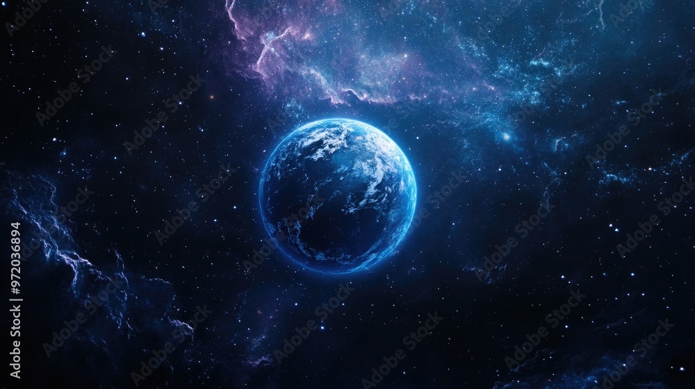 A vibrant blue planet with swirling clouds and distant stars in a deep space background. A vibrant blue planet with swirling clouds and distant stars in a deep space background.