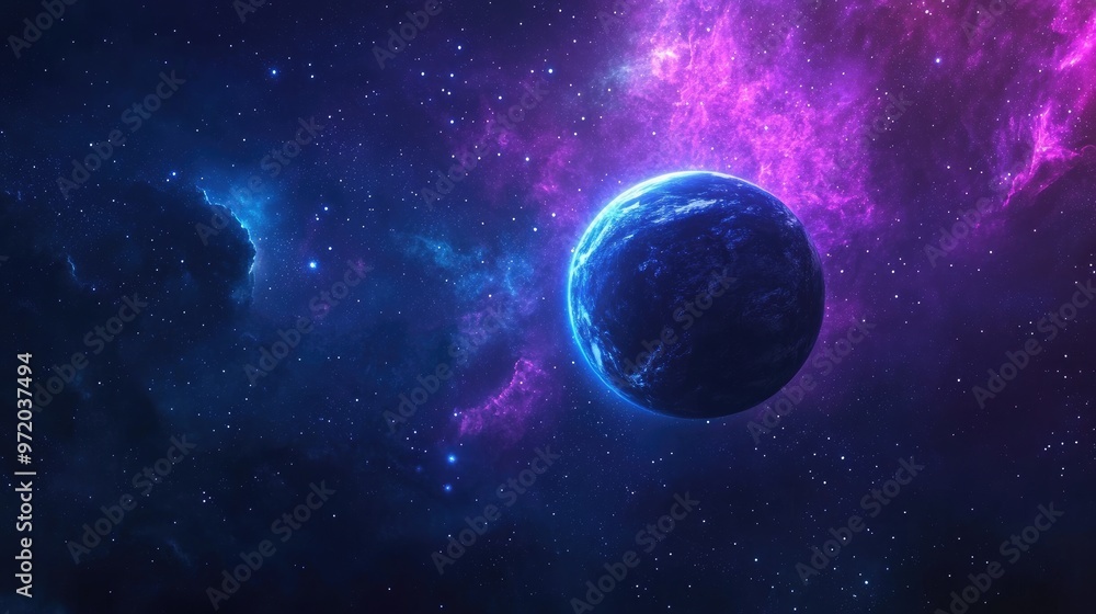 A blue planet with a ring system orbits a star in a galaxy filled with pink and blue nebulae. A blue planet with a ring system orbits a star in a galaxy filled with pink and blue nebulae.