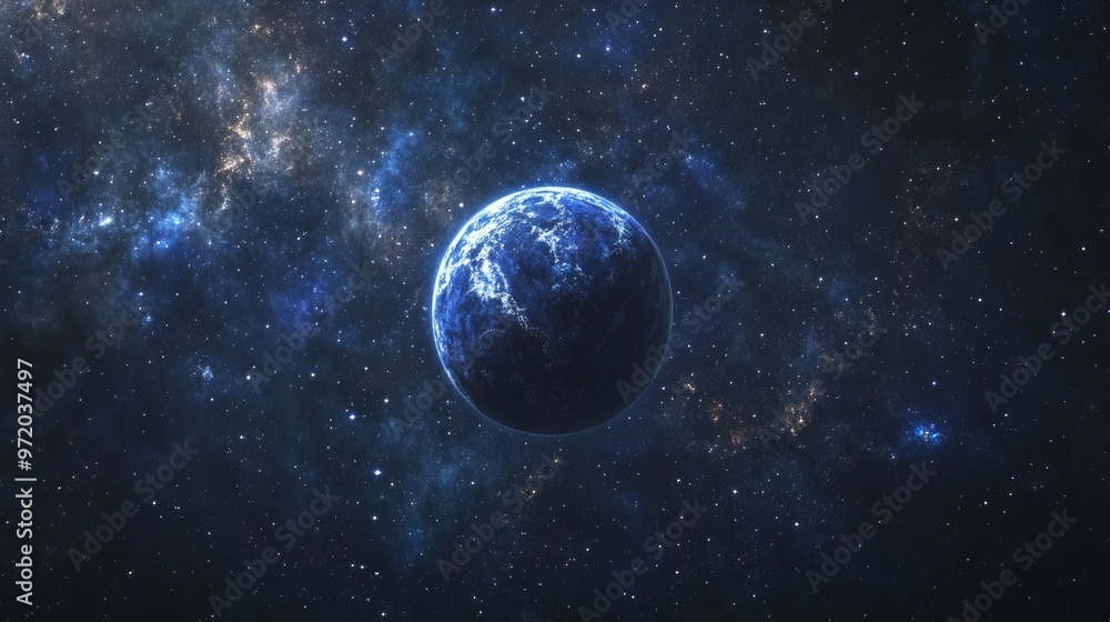 Obraz premium A blue planet with white clouds in a vast, dark, starry expanse of space.