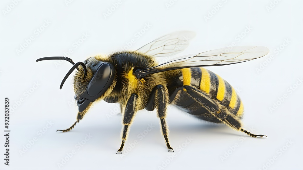 45. A detailed 3D render of a black and yellow bee with a textured body, isolated on a pristine white background 45. A detailed 3D render of a black and yellow bee with a textured body, isolated on a pristine white background