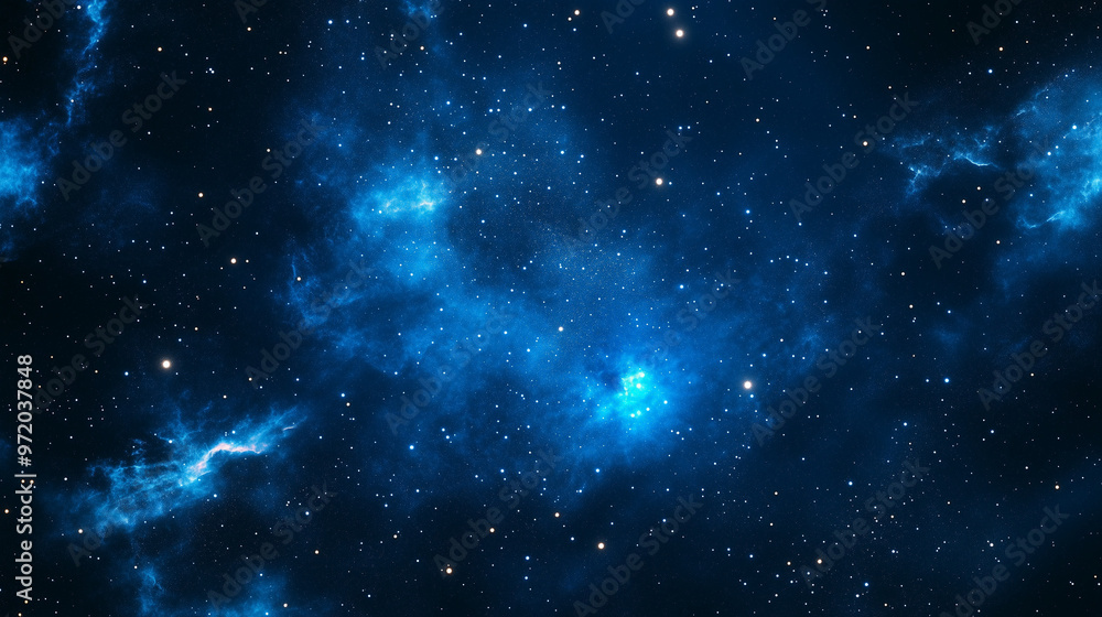 Fototapeta premium Blue and teal galaxy background, with stars in a dark sky-blue, space-themed art.