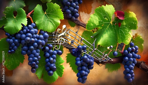 Melodic Grapes Creating a Gourmet Jazz Ensemble Among Lush Foliage with Rich Textured Backdrop photo