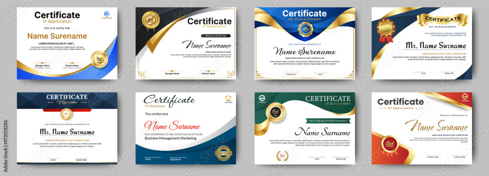 Certificates of achievement template with luxury badge. Eight choice of certificates For award, business, and education needs. Diploma vector template Certificates of achievement template with luxury badge. Eight choice of certificates For award, business, and education needs. Diploma vector template