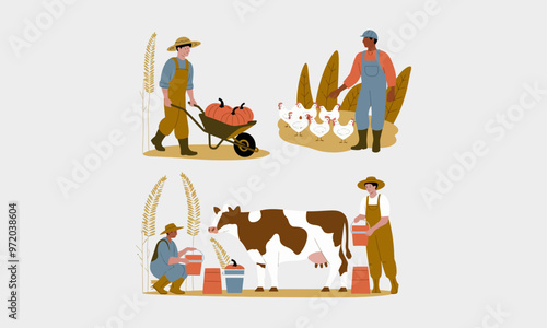 Farmers working with pumpkins, chickens, and a cow in the field.