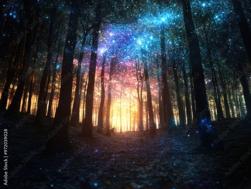 Enchanting Forest with Magical Starry Sky and Glowing Sunset in a Mystical Woodland Setting Enchanting Forest with Magical Starry Sky and Glowing Sunset in a Mystical Woodland Setting