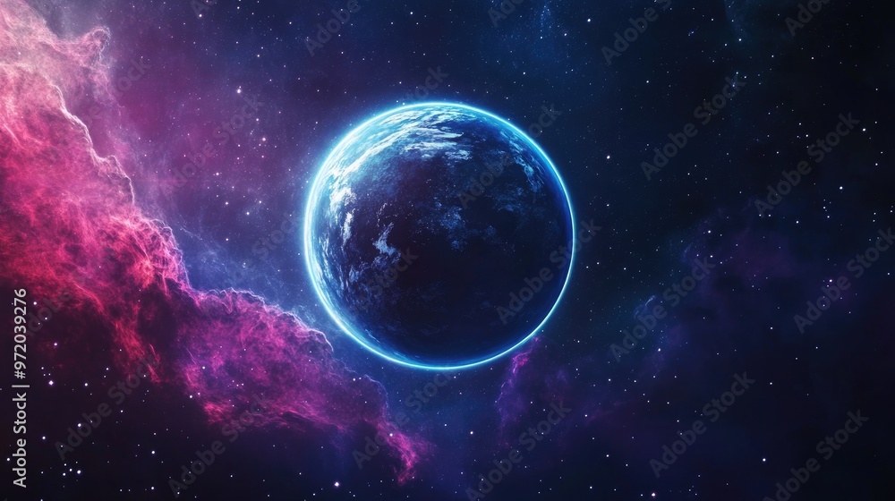 A blue planet with a glowing halo, set against a backdrop of a vibrant pink and blue nebula, with scattered stars throughout the image. A blue planet with a glowing halo, set against a backdrop of a vibrant pink and blue nebula, with scattered stars throughout the image.