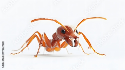 51. A detailed 3D render of a fire ant with prominent mandibles, isolated on a pristine white background