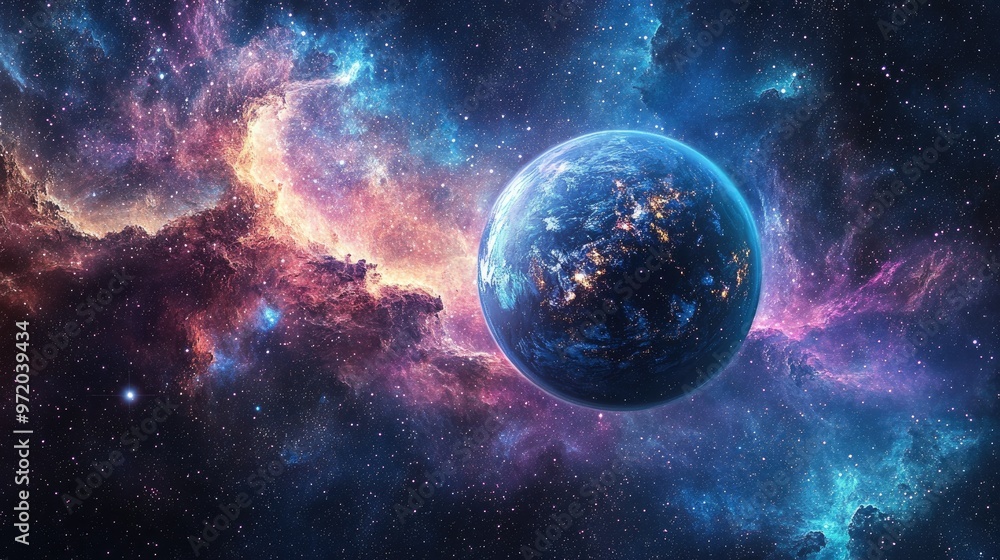 Obraz premium A vibrant blue planet with glowing lights against a backdrop of a nebula.