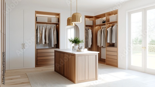 A luxurious walk-in closet with custom cabinetry, a central island, and elegant lighting. The image is captured with deep depth of field, ensuring sharp details throughout the space, with ample copy