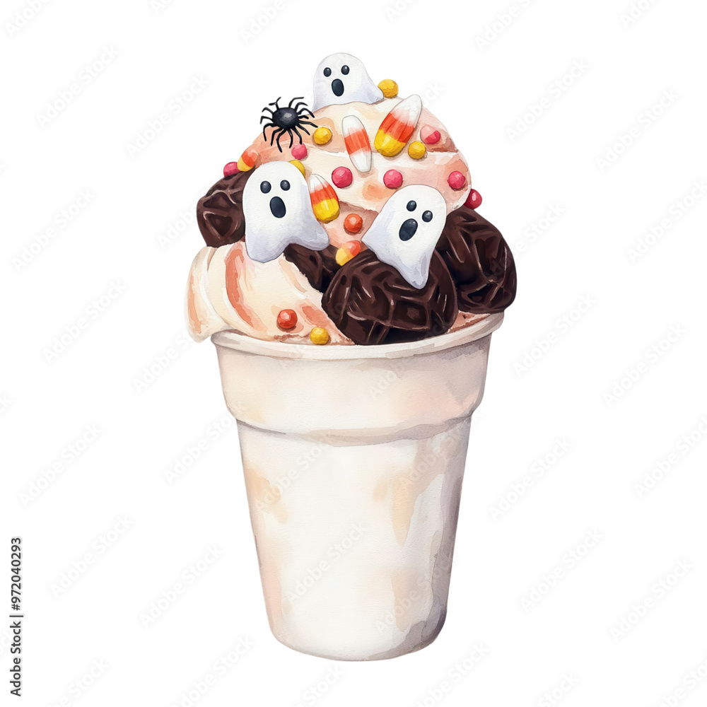 Watercolors Ice cream Halloween spooky Boo, A spooky Halloween ice cream cup featuring ghostly toppings and colorful candies, perfect for festive celebrations. Isolated on PNGs transparent background Watercolors Ice cream Halloween spooky Boo, A spooky Halloween ice cream cup featuring ghostly toppings and colorful candies, perfect for festive celebrations. Isolated on PNGs transparent background