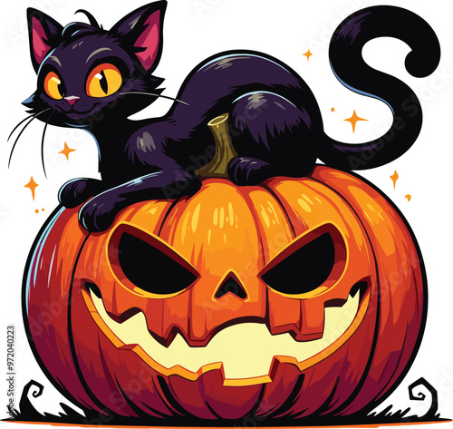 Adobe Illustrator Artwork Halloween mischievous black cat on top of a giant pumpkin