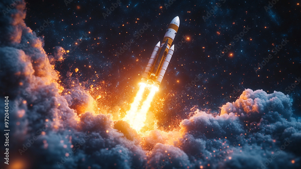space rocket launches with a burst of flames against the night sky, symbolizing ambition, progress, and the power of human ingenuity space rocket launches with a burst of flames against the night sky, symbolizing ambition, progress, and the power of human ingenuity