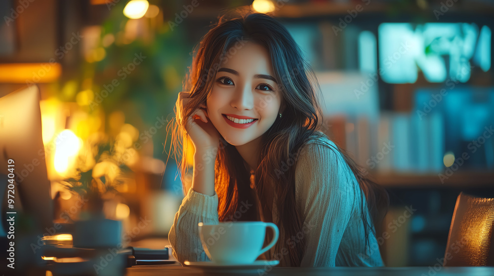 Smiling Asian working woman enjoying a cup of coffee at her desk, vibrant workspace, warm lighting, coffee lover s serene morning ritual, productivity and relaxation Smiling Asian working woman enjoying a cup of coffee at her desk, vibrant workspace, warm lighting, coffee lover s serene morning ritual, productivity and relaxation