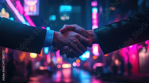 Two businessmen shake hands in front of a blurry background of a city street at night with neon lights.