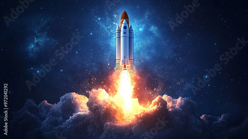 Fototapeta Naklejka Na Ścianę i Meble -  space rocket launches with a burst of flames against the night sky, symbolizing ambition, progress, and the power of human ingenuity