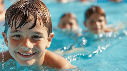 A joyful boy swimming in a pool, enjoying summer fun with friends. Bright water, sunny atmosphere, and smiles all around. photo