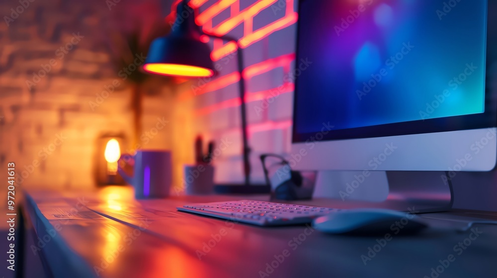 A modern workspace featuring a computer, stylish lamp, and vibrant ambient lighting, perfect for creativity and productivity. A modern workspace featuring a computer, stylish lamp, and vibrant ambient lighting, perfect for creativity and productivity.