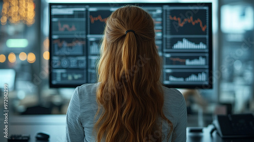 businesswoman in formal attire analyzes financial statements and graphs on her computer screen. The image conveys professionalism, financial analysis, and attention to detail in business