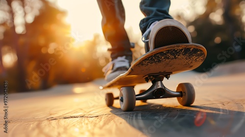 Dynamic skateboarder gliding at sunset, showcasing vibrant colors and a thrilling sense of freedom in an urban environment. photo