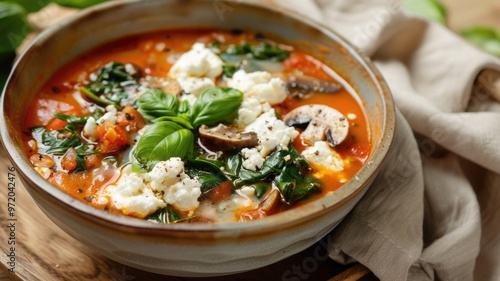 Fresh Vegetable lasagna soup with Mushrooms, Spinach, and Basil