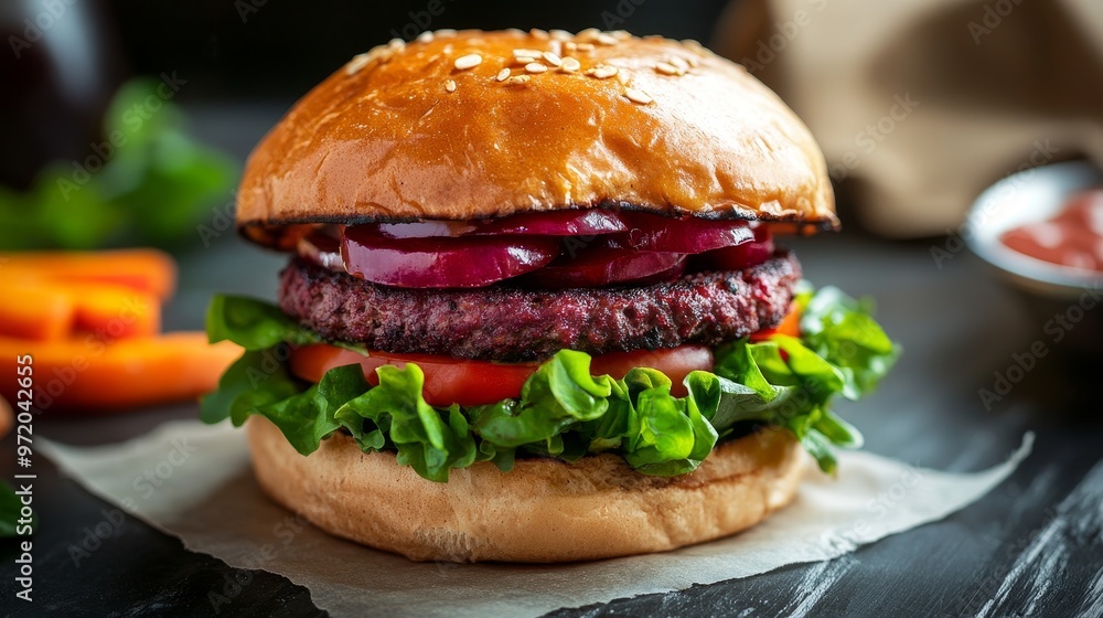 Gourmet Vegan Burger with Fresh Vegetables on Artisanal Bun Close-Up Gourmet Vegan Burger with Fresh Vegetables on Artisanal Bun Close-Up