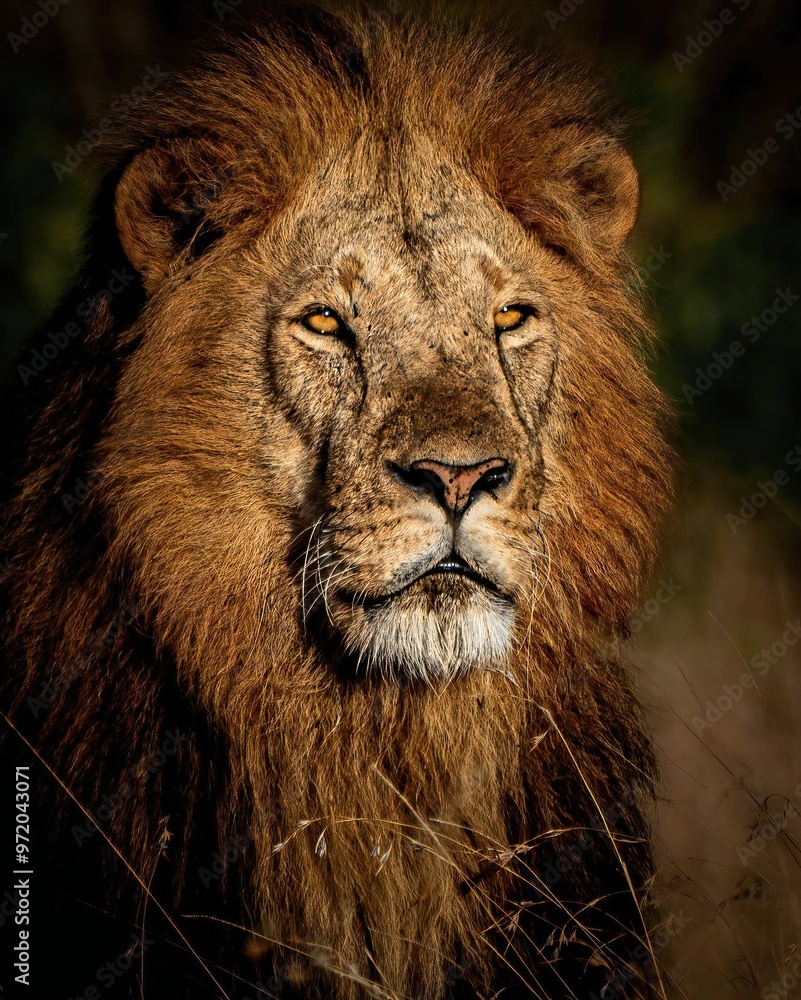 Obraz premium A powerful lion blends into its grassy habitat, eyes focused