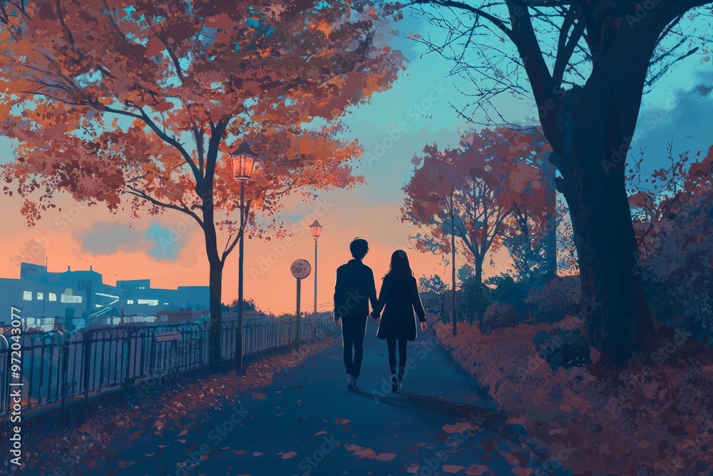 custom made wallpaper toronto digitalA Couple Strolling Through A City Park At Sunset. Cozy Vibe, Generative AI 