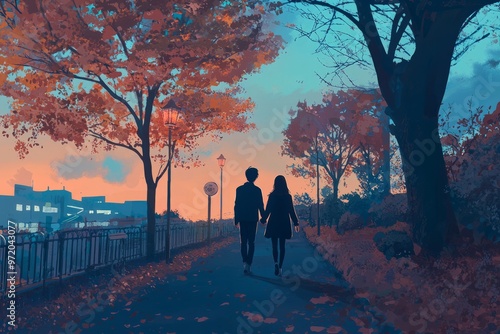 Wallpaper Mural A Couple Strolling Through A City Park At Sunset. Cozy Vibe, Generative AI  Torontodigital.ca