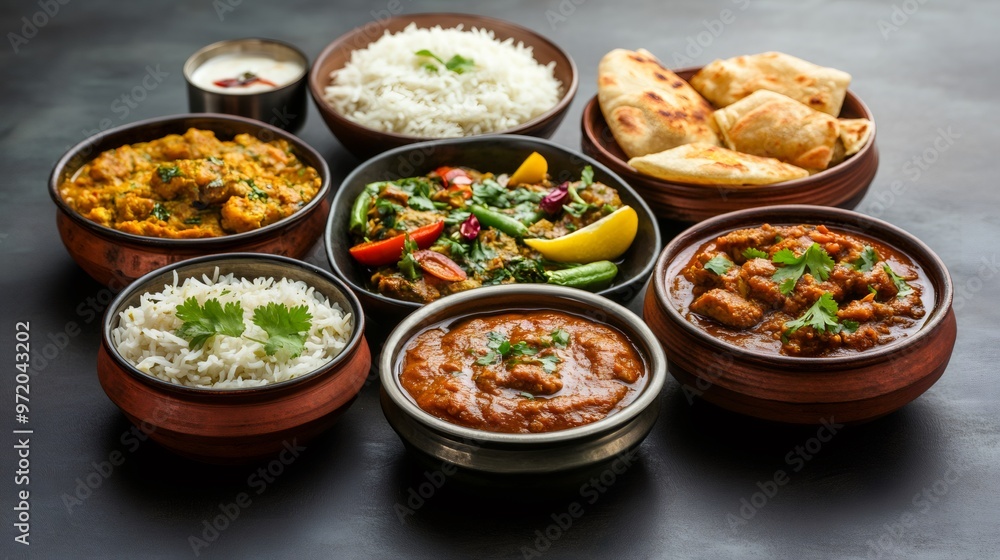 A delicious assortment of Indian dishes, including curries, rice, and naan bread. A delicious assortment of Indian dishes, including curries, rice, and naan bread.