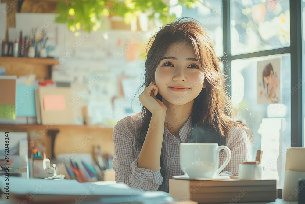 Asian working woman smiling while sipping coffee, surrounded by office supplies, warm sunlight streaming through the window, coffee lover s peaceful work moment Asian working woman smiling while sipping coffee, surrounded by office supplies, warm sunlight streaming through the window, coffee lover s peaceful work moment