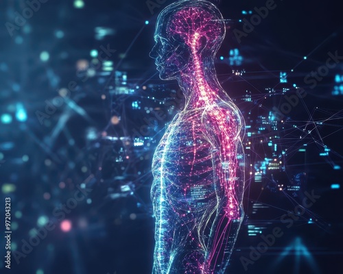 Futuristic human body with DNAshaped energy fields and digital circuits replacing the nervous system, DNA anatomy digital, futuristic anatomy concept photo