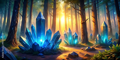 big blue multiple crystal shards in the sunset for the forest photo