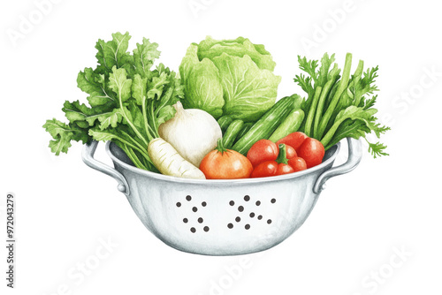 Fresh assortment of vibrant vegetables in a colander, perfect for healthy cooking and culinary presentations.
