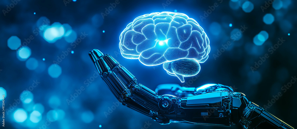 A robotic hand gently cradles a glowing brain with the shimmering ...