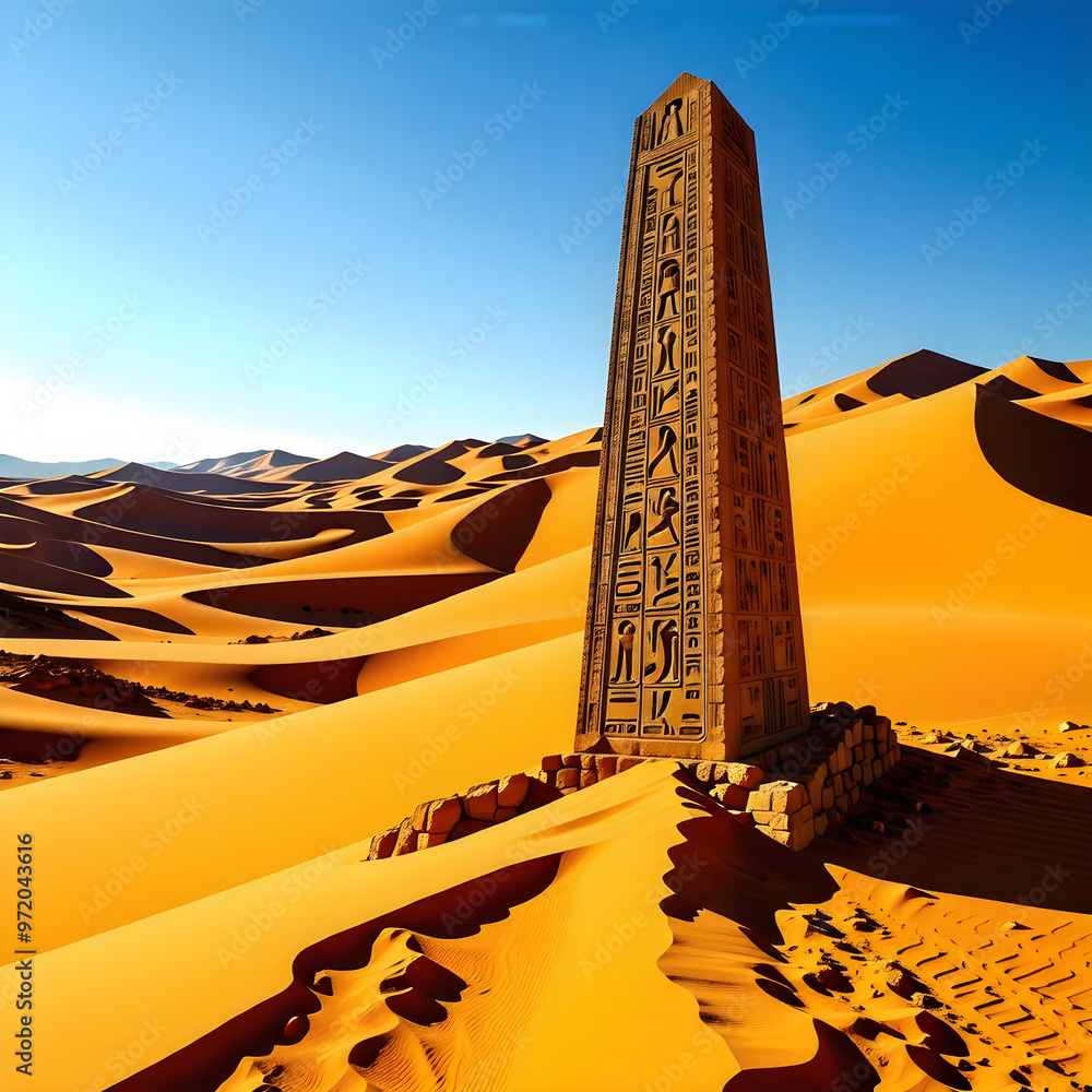 An enormous stone obelisk standing in the middle of a desert, partially ...
