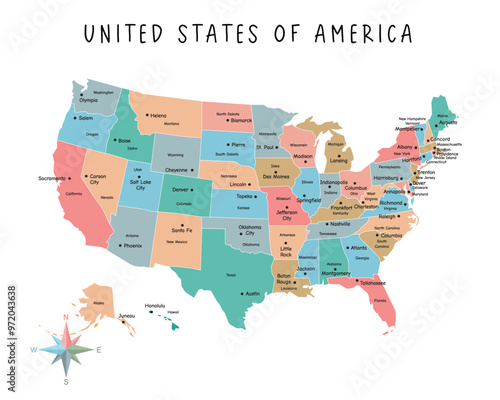 United States of America map with names of states and cities and infographic of provinces, political maps of United States of America - Vector File