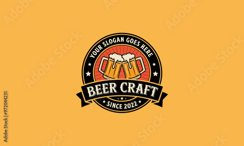 A beer-themed logo with two clinking beer mugs and customizable text.