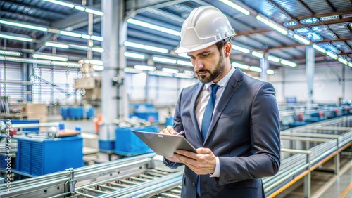 Inspector holding a checklist next to products on a production line, bright factory setting, [quality control], [manual product inspection]