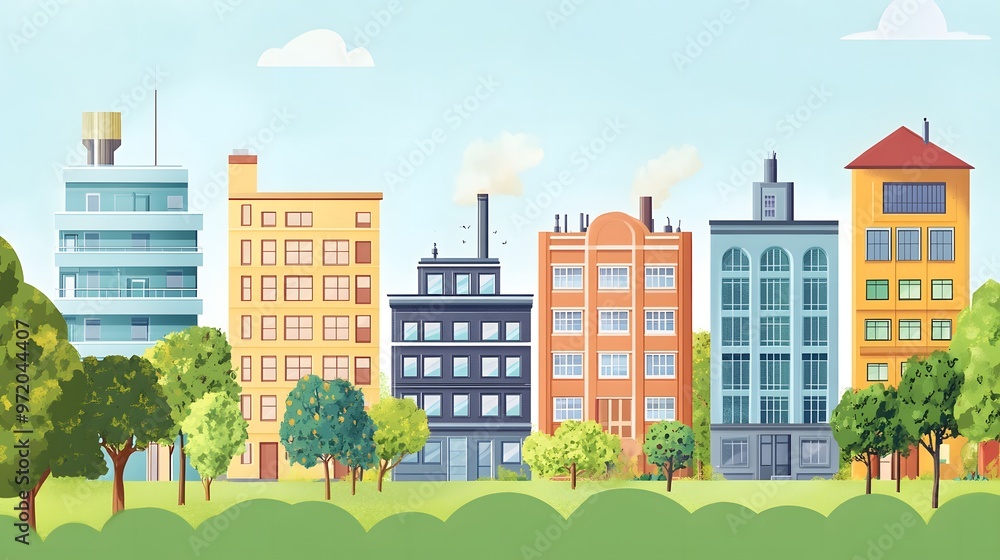 A Row of Colorful Buildings with Trees and a Blue Sky A Row of Colorful Buildings with Trees and a Blue Sky
