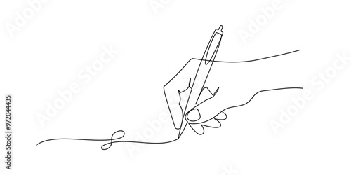 Hand holding pen and writing in one continuous line drawing. Letter and diary concept in simple linear style. School lesson symbol in editable stroke. Doodle outline vector illustration