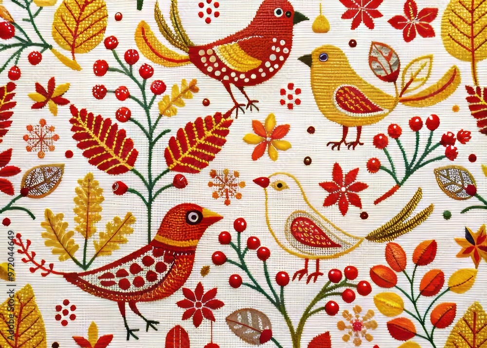 Woven textile featuring stylized Nordic birds, leaves, and berries on a crisp white background with bold red and yellow accents. Woven textile featuring stylized Nordic birds, leaves, and berries on a crisp white background with bold red and yellow accents.