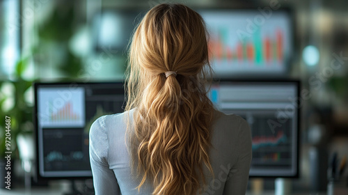 businesswoman in formal attire analyzes financial statements and graphs on her computer screen. The image conveys professionalism, financial analysis, and attention to detail in business