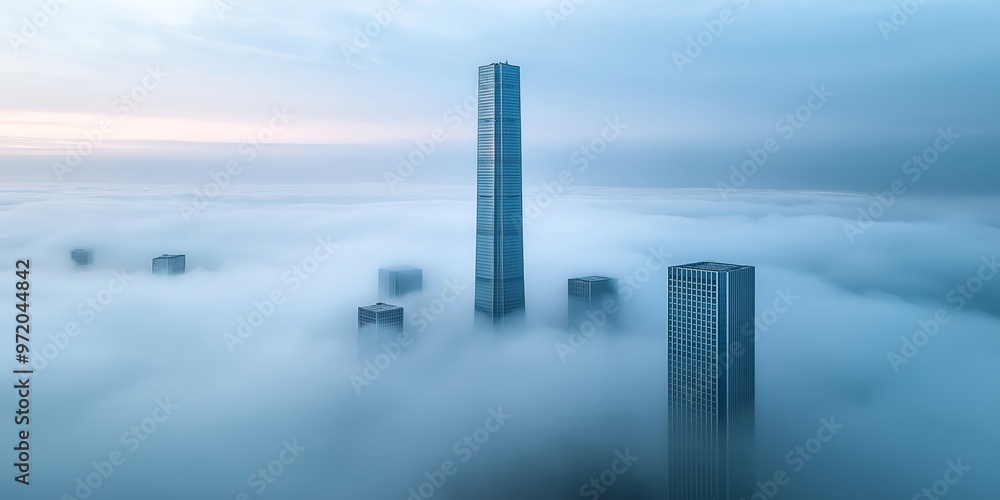 Fototapeta premium A stunning aerial view of skyscrapers emerging from thick clouds under a serene blue sky at dawn.