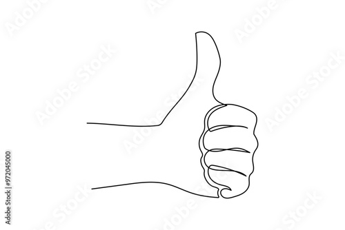 Thumb up in one continuous line drawing. Hand showing like and great sign in simple linear style. Finger up symbol in editable stroke. Doodle oneline vector illustration