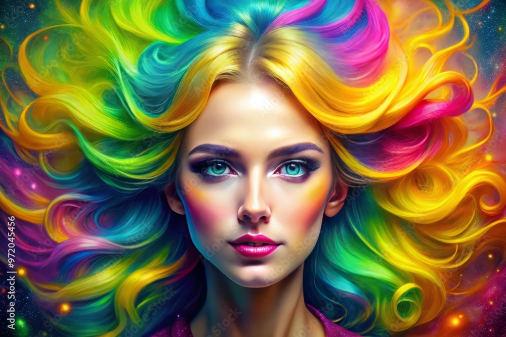 Vibrant hot pink and electric blue swirl together in a stunning portrait of a bold, beaming woman with bright yellow hair and sparkling green eyes. Vibrant hot pink and electric blue swirl together in a stunning portrait of a bold, beaming woman with bright yellow hair and sparkling green eyes.